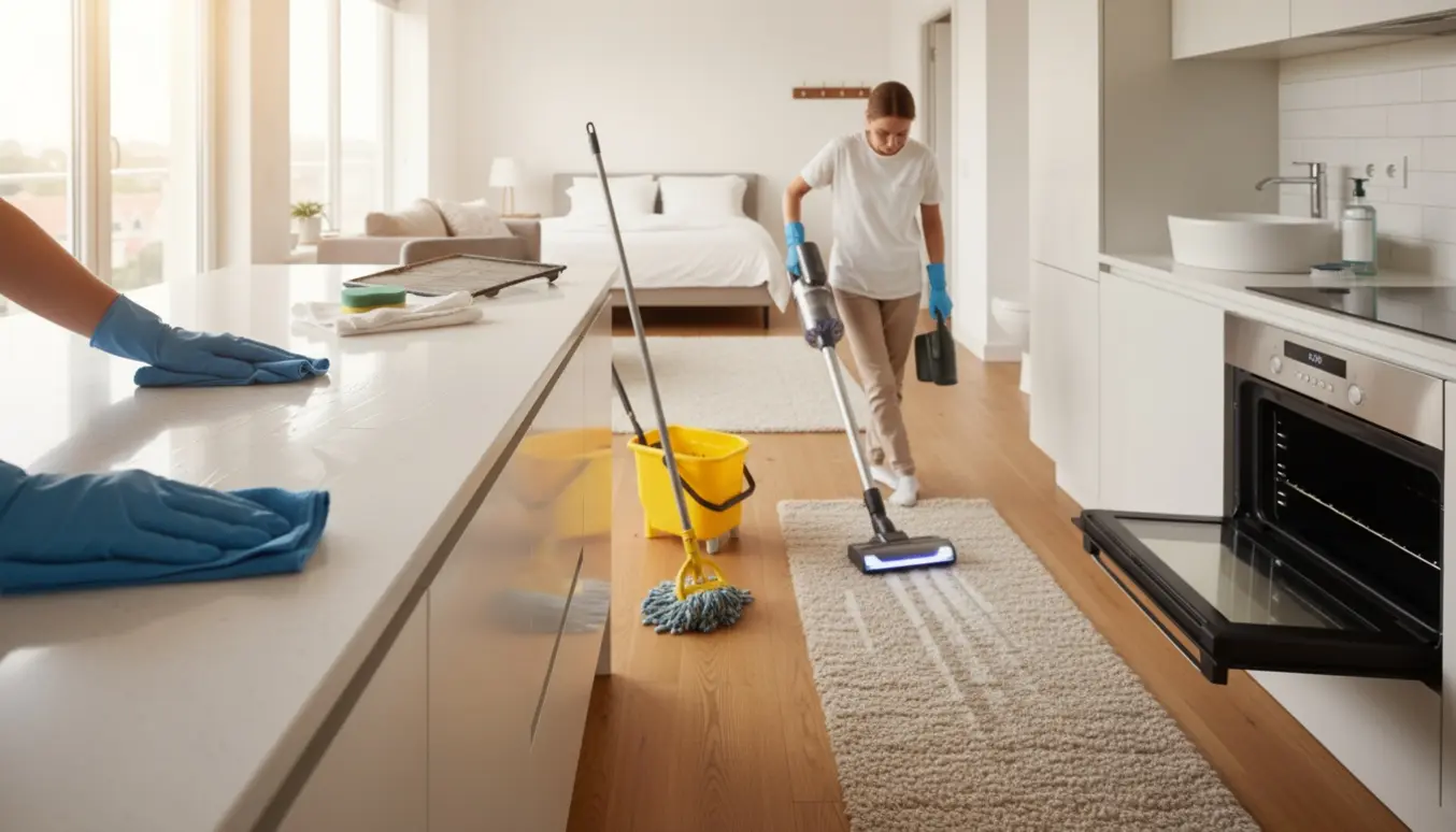 Lejlighed i dybderengøring med handsker, klude, støvsuger, moppe, åben ovn og rengøringsmidler.