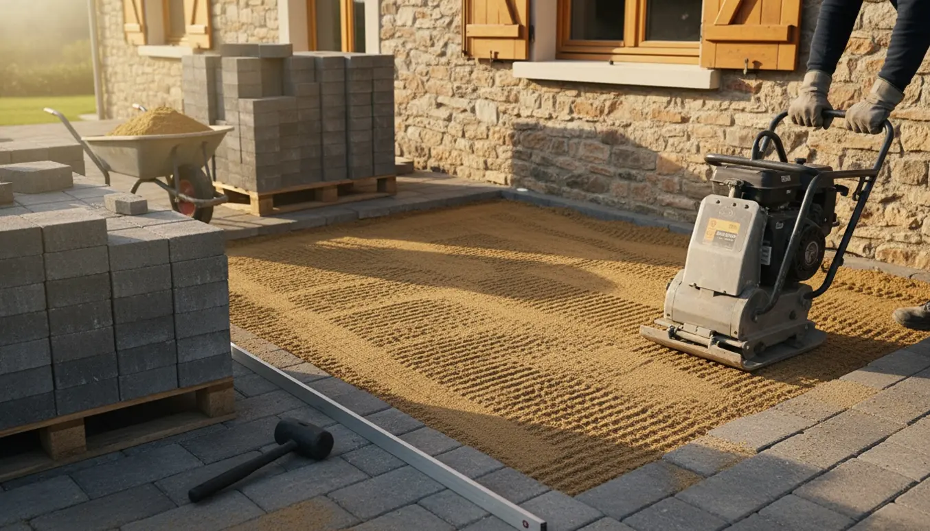 Udendørs fliseterrasse ved husmur, hvor fliser er taget op, nyt sand nivileres og værktøj ligger klar.