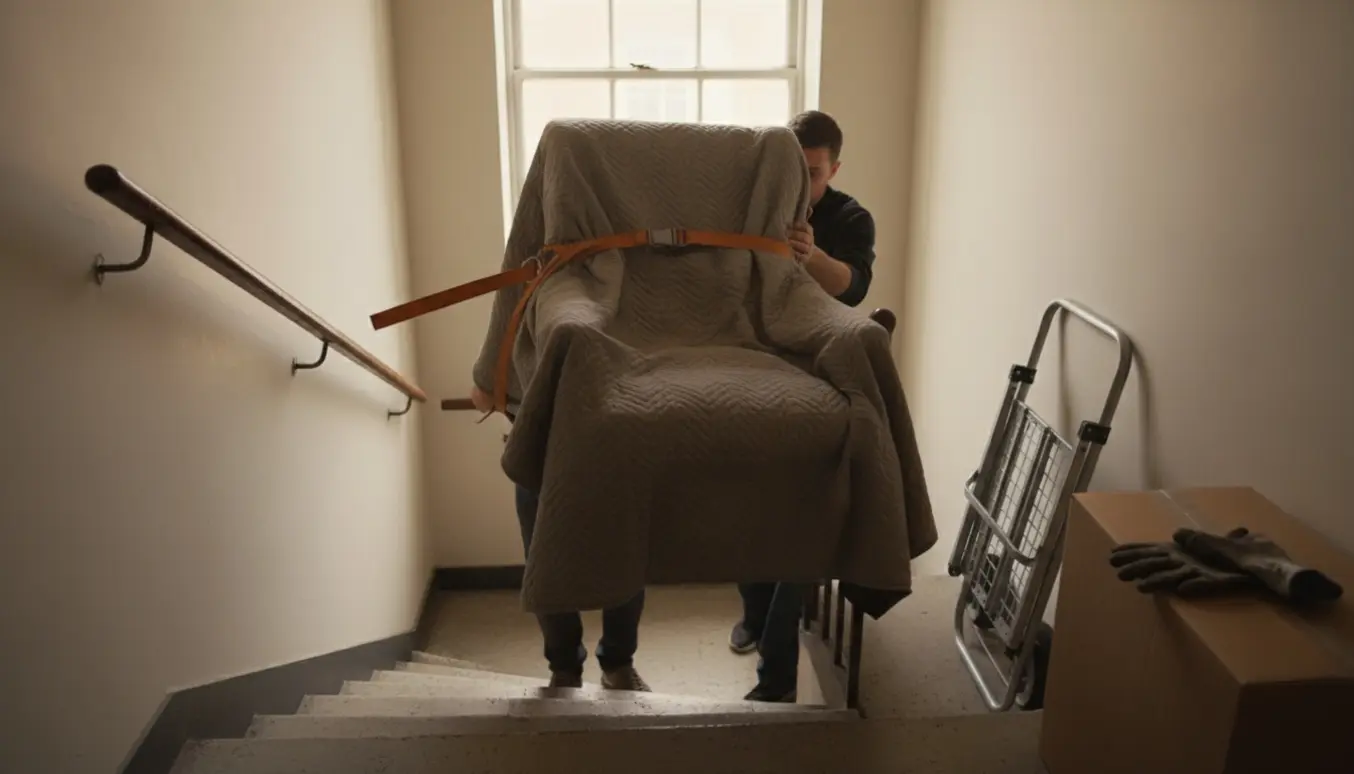 To personer bærer en indpakket lænestol op ad en høj, lys opgangstrappe uden synlige ansigter.