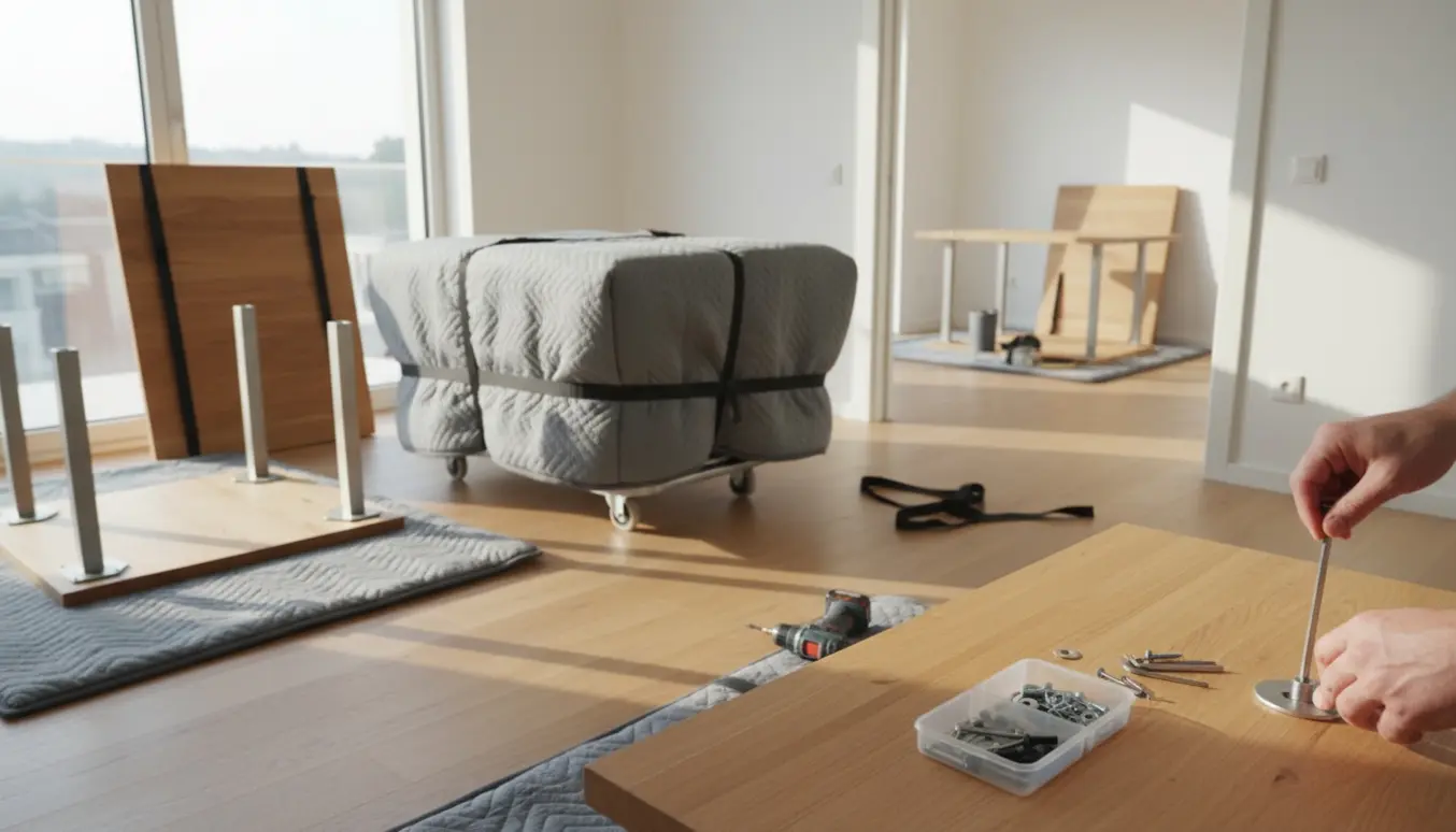 Hænder løsner bordben mens fire borde pakkes og flyttes mellem to rum.