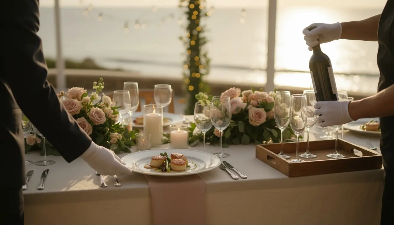 Serveringspersoner placerer fade og åbner vin ved et elegant bryllupsbord på en terrasse ved vandet.