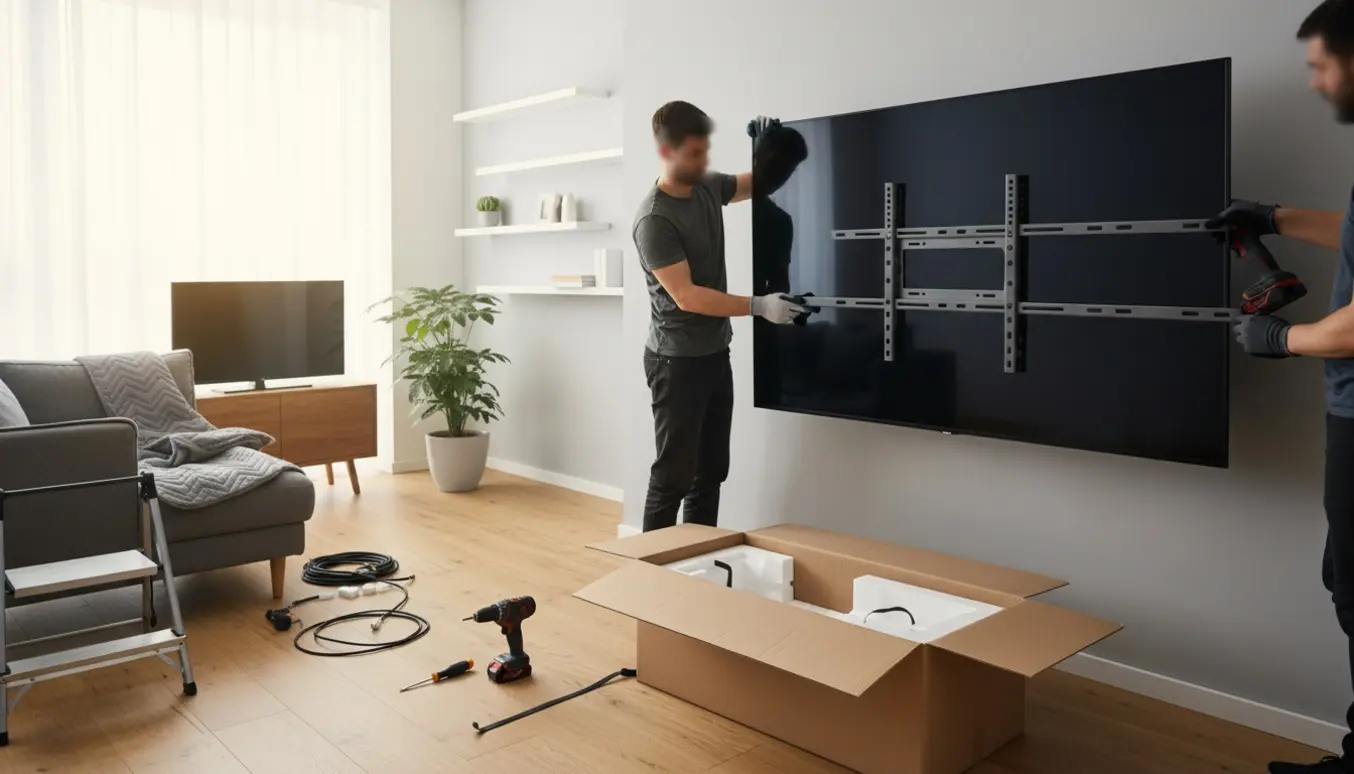 To personer i gummihandsker monterer et 65 tommer LED-TV på et vægbeslag i en lys, moderne stue med emballage og værktøj ved siden af.