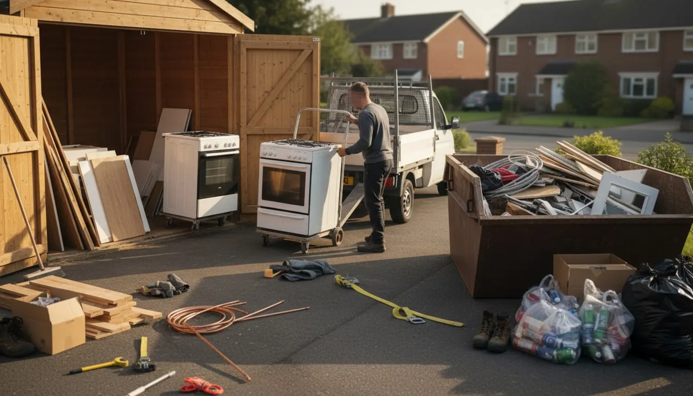 Åbent skur ved indkørsel fyldt med blandet byggeaffald og to ovne klar til bortkørsel.