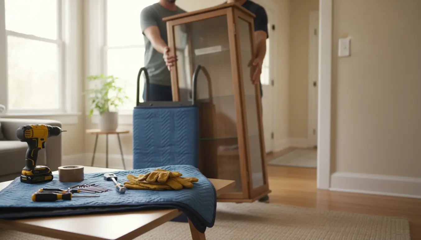 Et lille vitrineskab forberedes til afhentning i en lys stue med værktøj og flytteudstyr ved siden af.