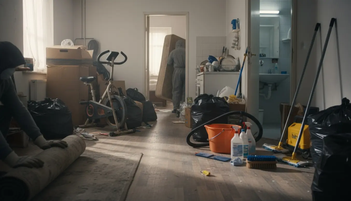 Rengøring og affaldsudryddelse i en meget beskidt lejlighed med rullet tæppe, boksmadras og fyldte sorte sække.
