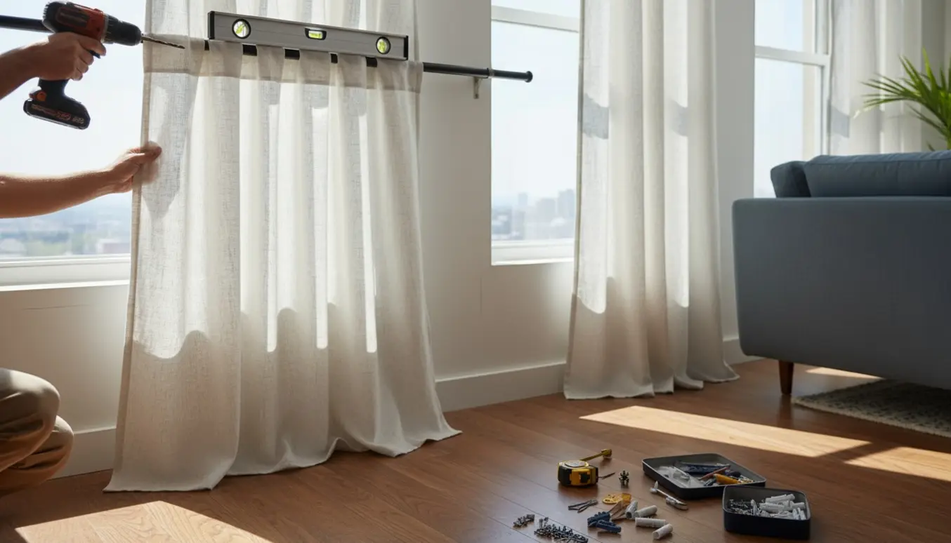 Hænder hænger fire gardinpaneler på en gardinstang i en solfyldt lejlighed.