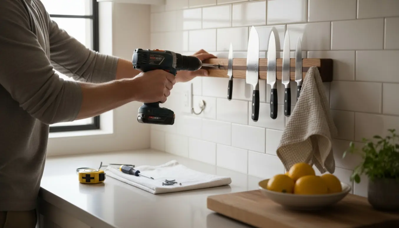 Hænder monterer en knivmagnet på en køkkenvæg med værktøj og en krog til viskestykke.
