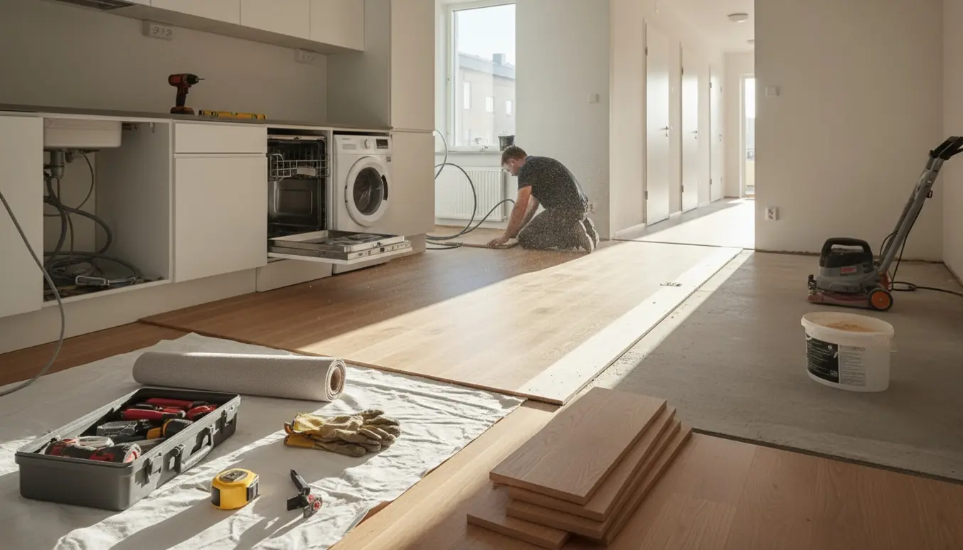 Renoveringsscene i en skandinavisk lejlighed med nye gulvplanker, værktøj, opvaskemaskine og vaskemaskine under installation.
