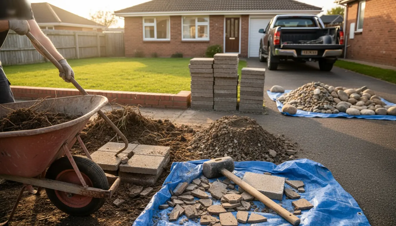 Stak af fliser og sten i forhaven med trillebør og handsker i forgrunden, mens baghaven ryddes.
