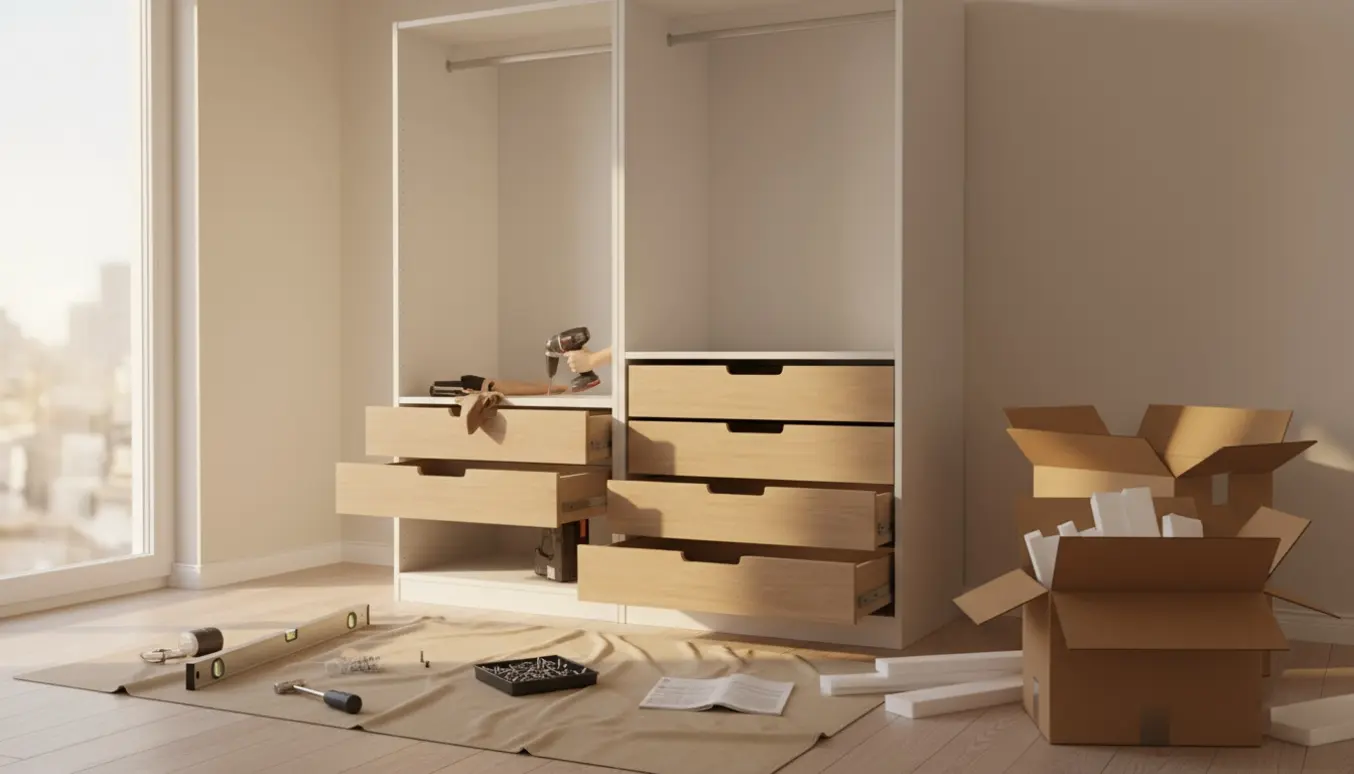 Delvist samlet PAX-garderobe i et tomt værelse med seks skuffer og værktøj på gulvet.