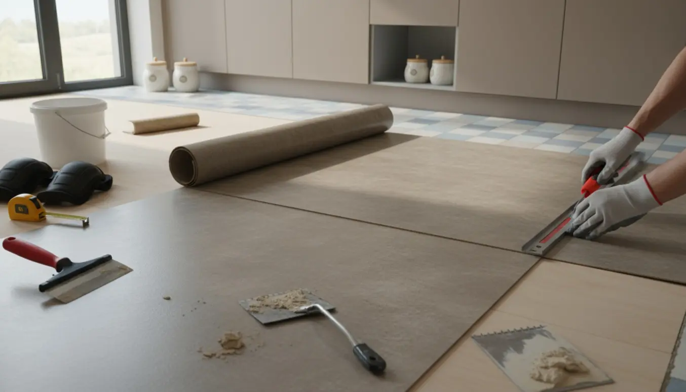 Hånd tilskærer nyt linoleum i et køkken på cirka 12 m².