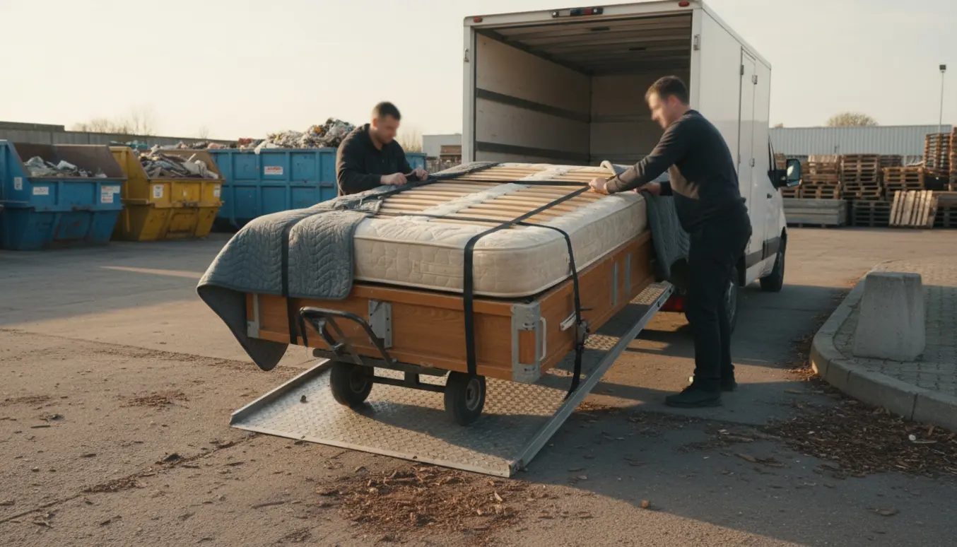 Dobbeltseng læsses på en varevogn ved en genbrugsstation med flyttetæpper og stropper.