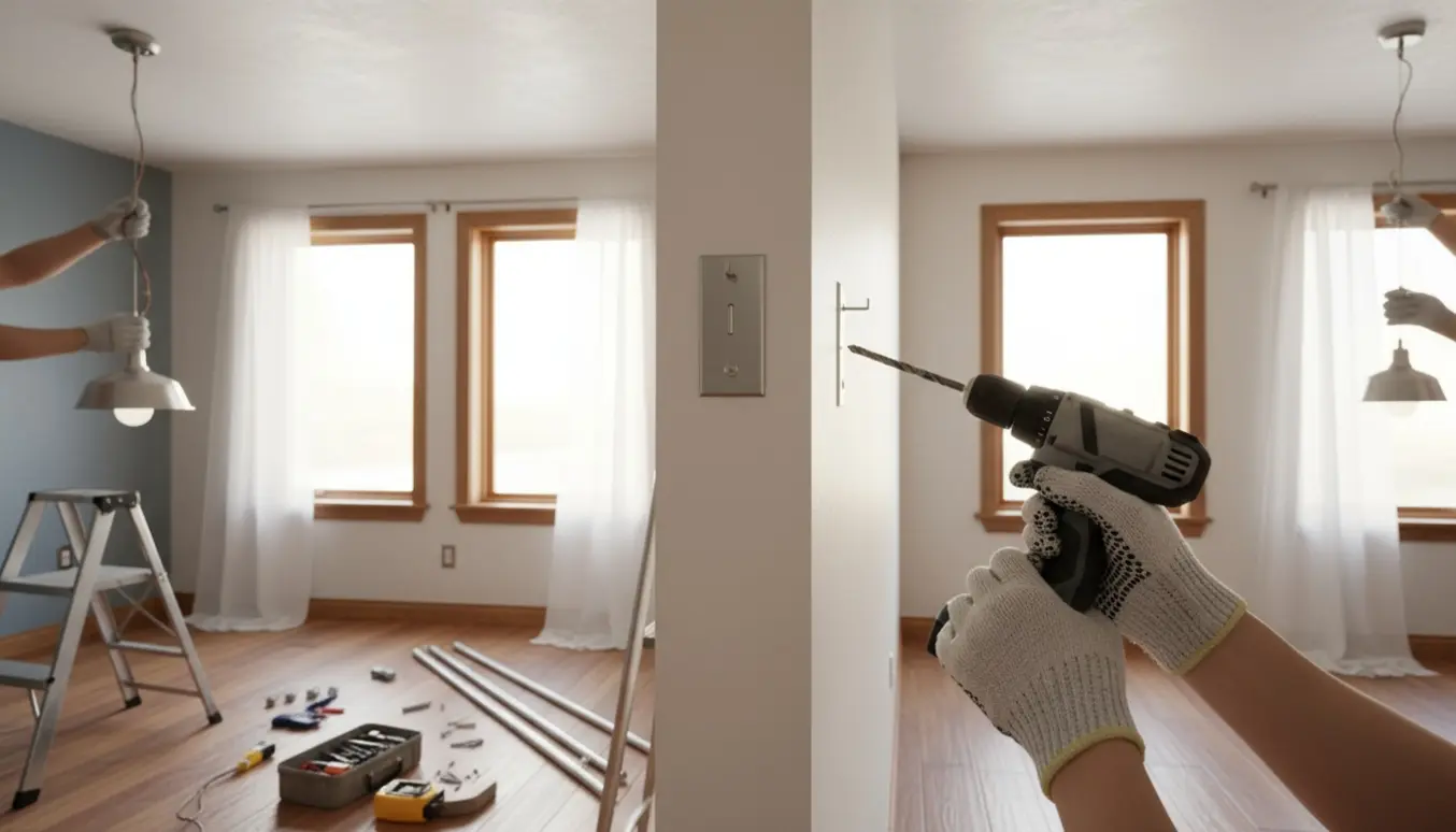 Hænder i handsker installerer gardinstænger over tre vinduer, mens en loftslampe afmonteres og en anden hæves.