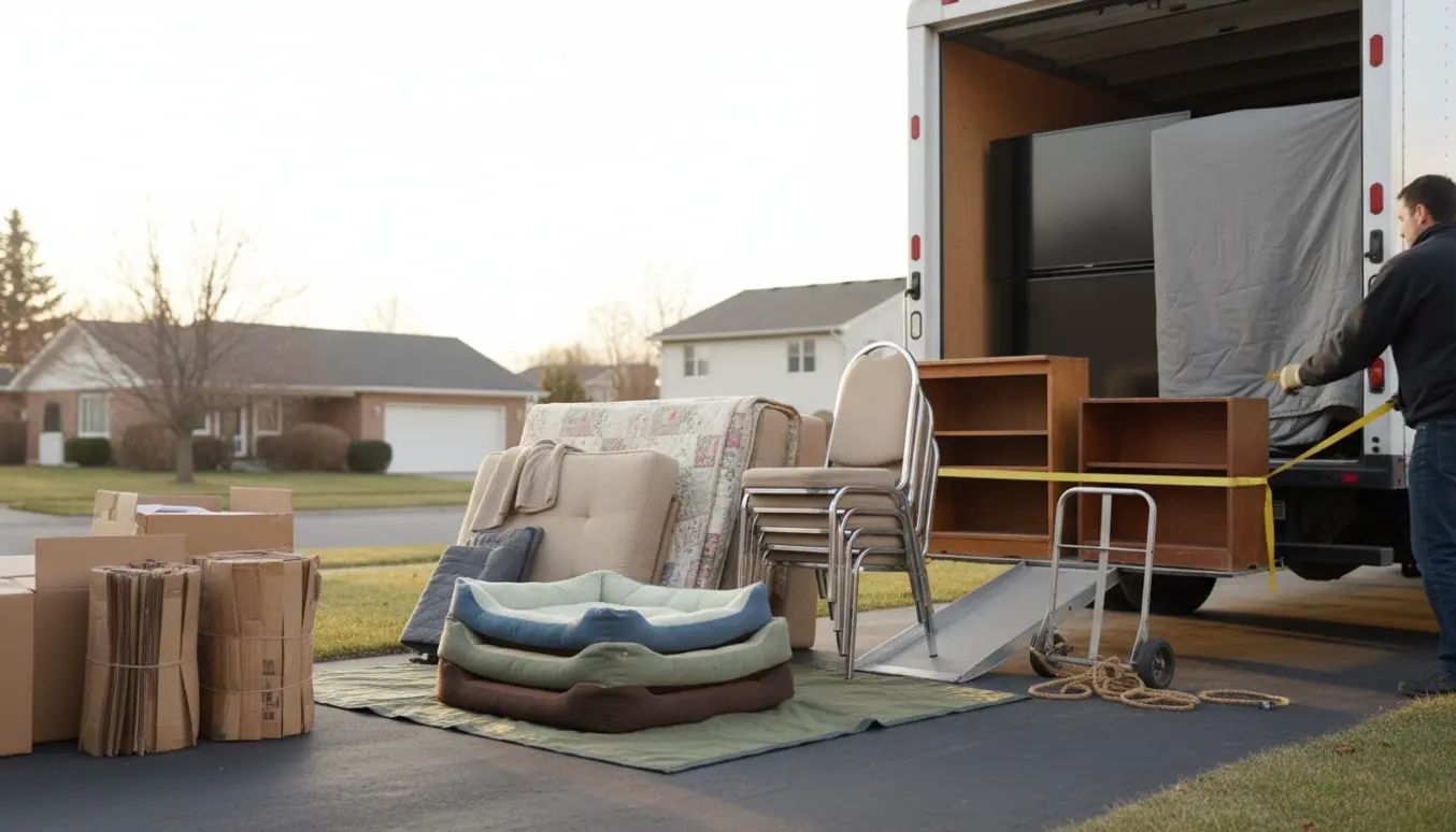 Lastebil på indkørsel fyldt med små møbler, tv, papkasser og hundekurve klar til bortskaffelse.