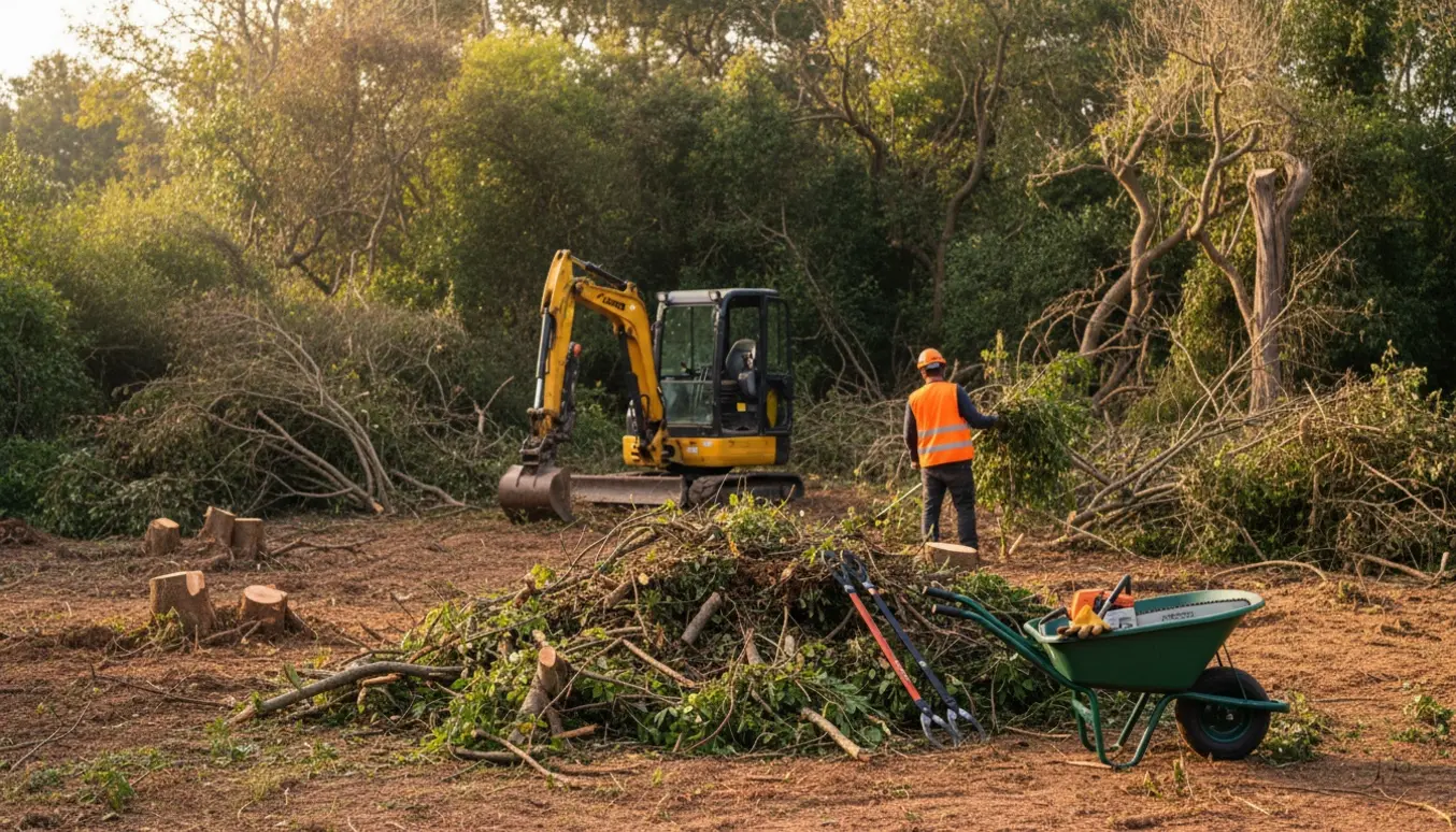 Rydning af meget tilgroet have med stakke af afskårne grene, træstubbe og arbejdsredskaber.
