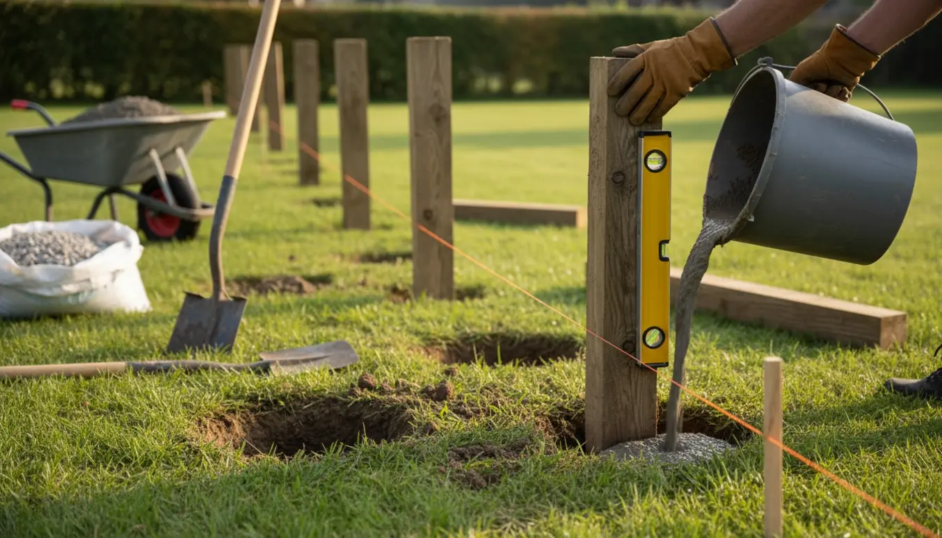 Fem hegnsstolper sættes i jorden langs skellet med værktøj, beton og snor.