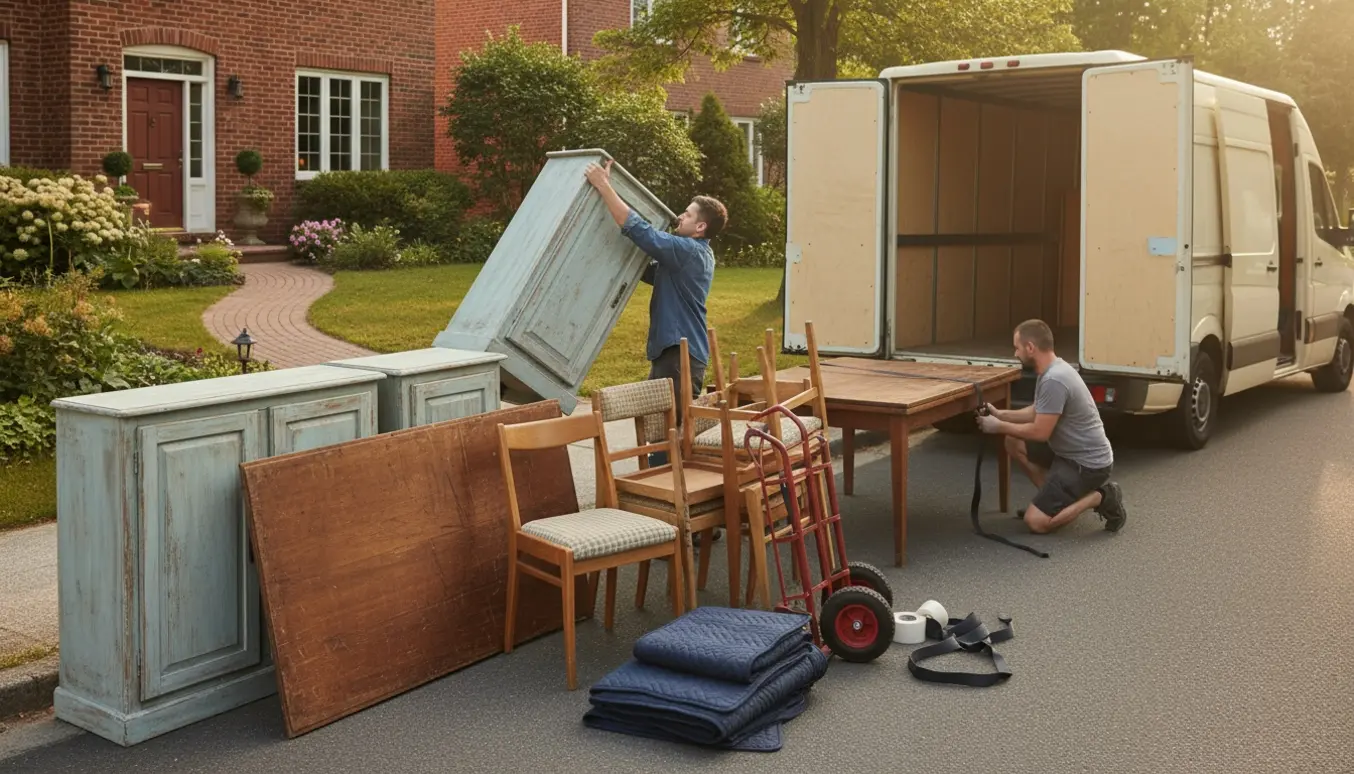Gamle møbler bliver båret ud og læsset i en varevogn ved en flytning.