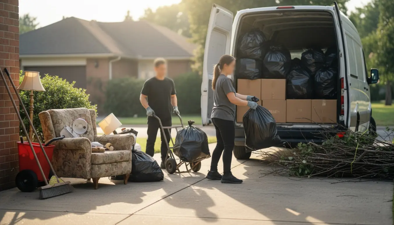 Rydning og bortkørsel af affald fra en indkørsel med fyldte sække og åben varevogn.