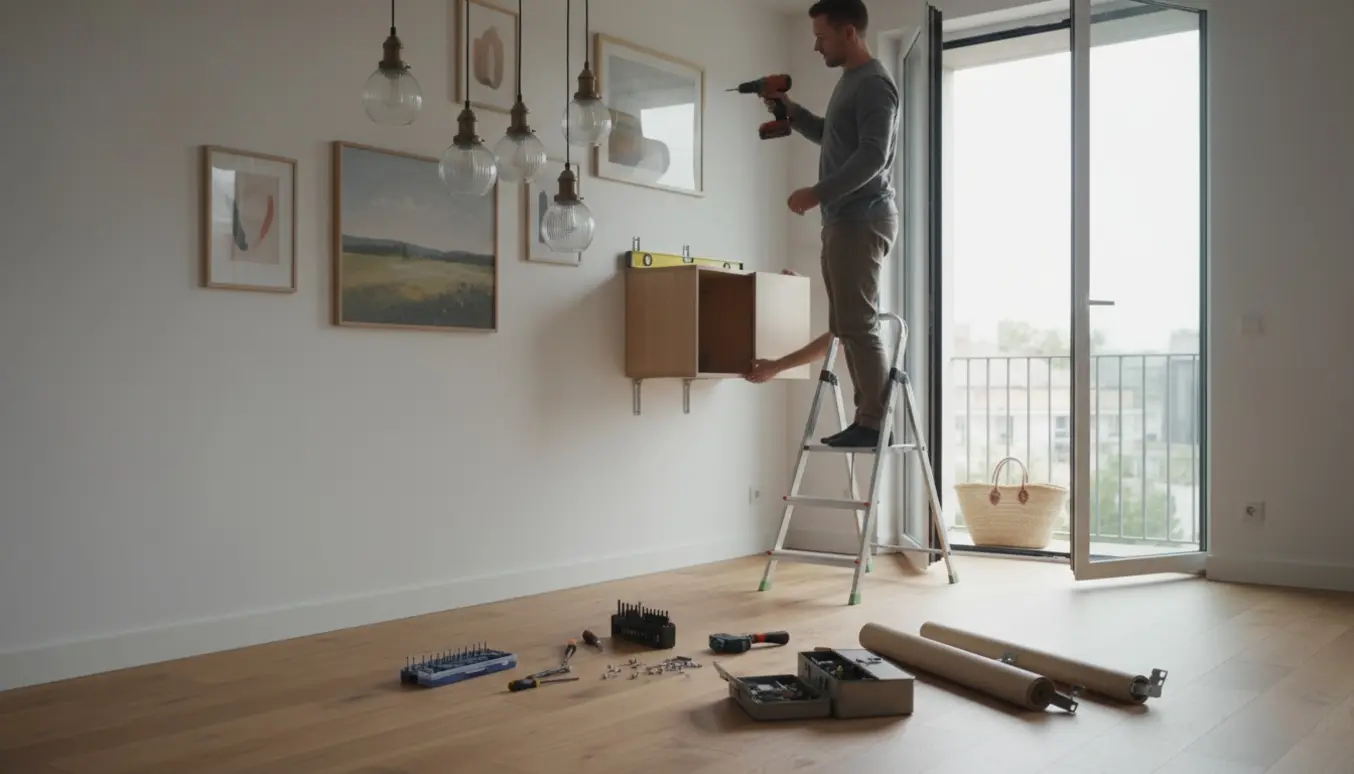 Hænder monterer lamper, rullegardiner, malerier og et vægskab i en lys lejlighed, med en strandkurv uden låg på altanen.