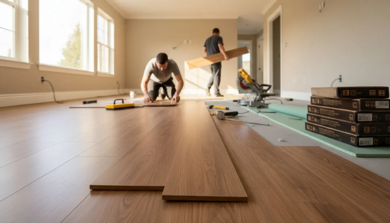 Nærbillede af installation af laminatgulv med planker og værktøj i et lyst, åbent hjem.