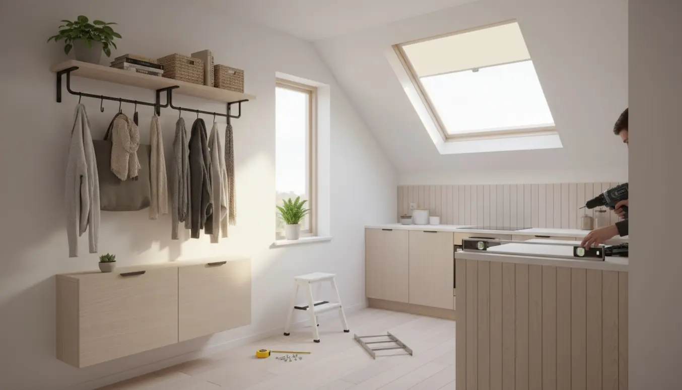 Indgang og køkken hvor hænder monterer skoskab, knager og hylder; skråvindue med rullegardin og lyse køkkenvægplader i baggrunden.