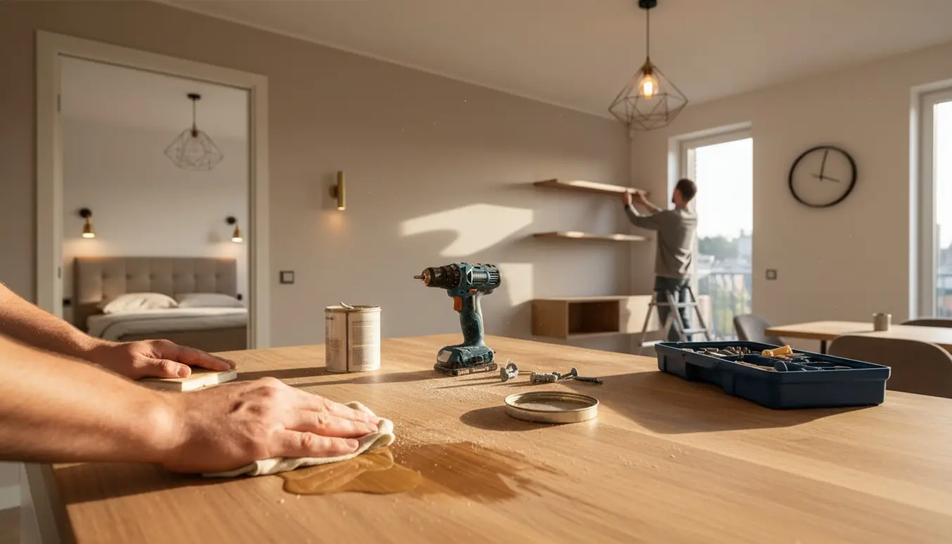 Nærbillede af nyslebet og olieret køkkenbord med værktøj og hylder og lamper under montering.