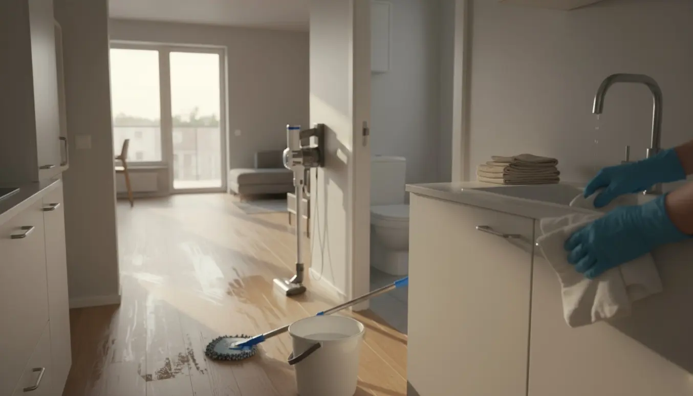 Lys stuelejlighed under rengøring med mop, støvsuger og hænder der tørrer en køkkenlåge.