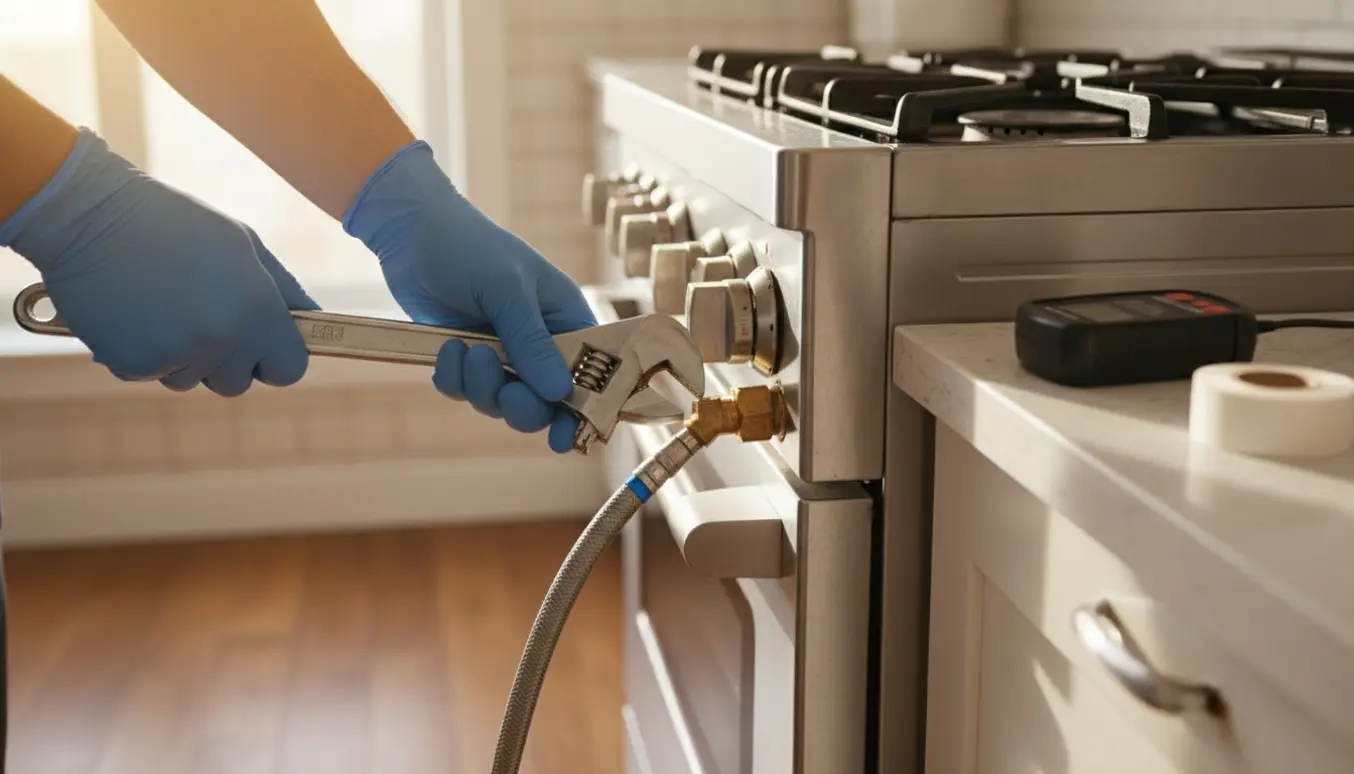 Handske‑beklædte hænder afmonterer en gasledning fra et gaskomfur med en skrunøgle i et lyst køkken.