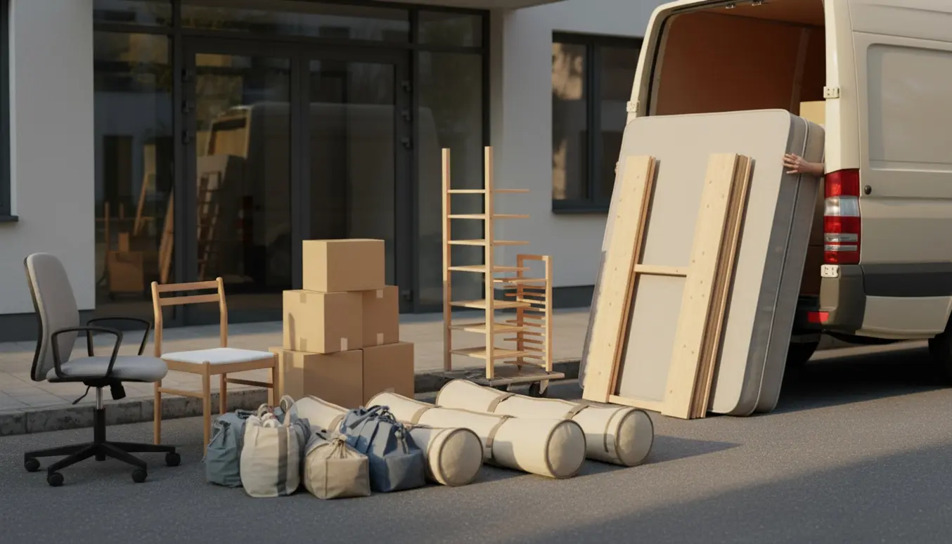 Flyttescene med madras, adskilt IVAR-reol, stole, telttasker, flyttekasser og poser.