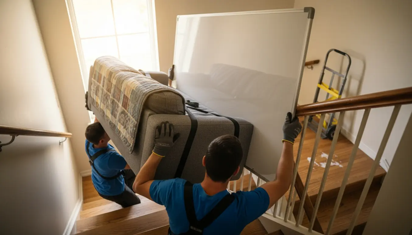 Tre personer bærer en 3-personers sofa og et stort 240×120 cm whiteboard op ad en trappe mod 2. sal, set bagfra.