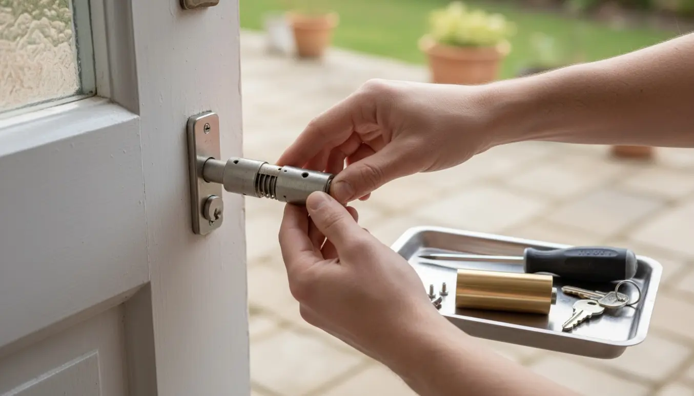 Nærbillede af hænder, der udskifter to låsecylindre ved en dør med værktøj og reservedele.