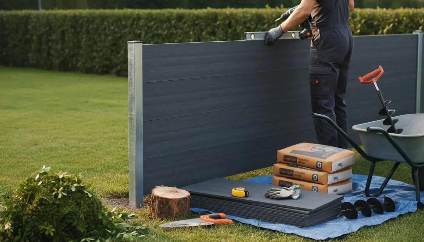 Opsætning af vedligeholdelsesfrit kompositstakit i baghave med beskårede hække og værktøj i forgrunden.