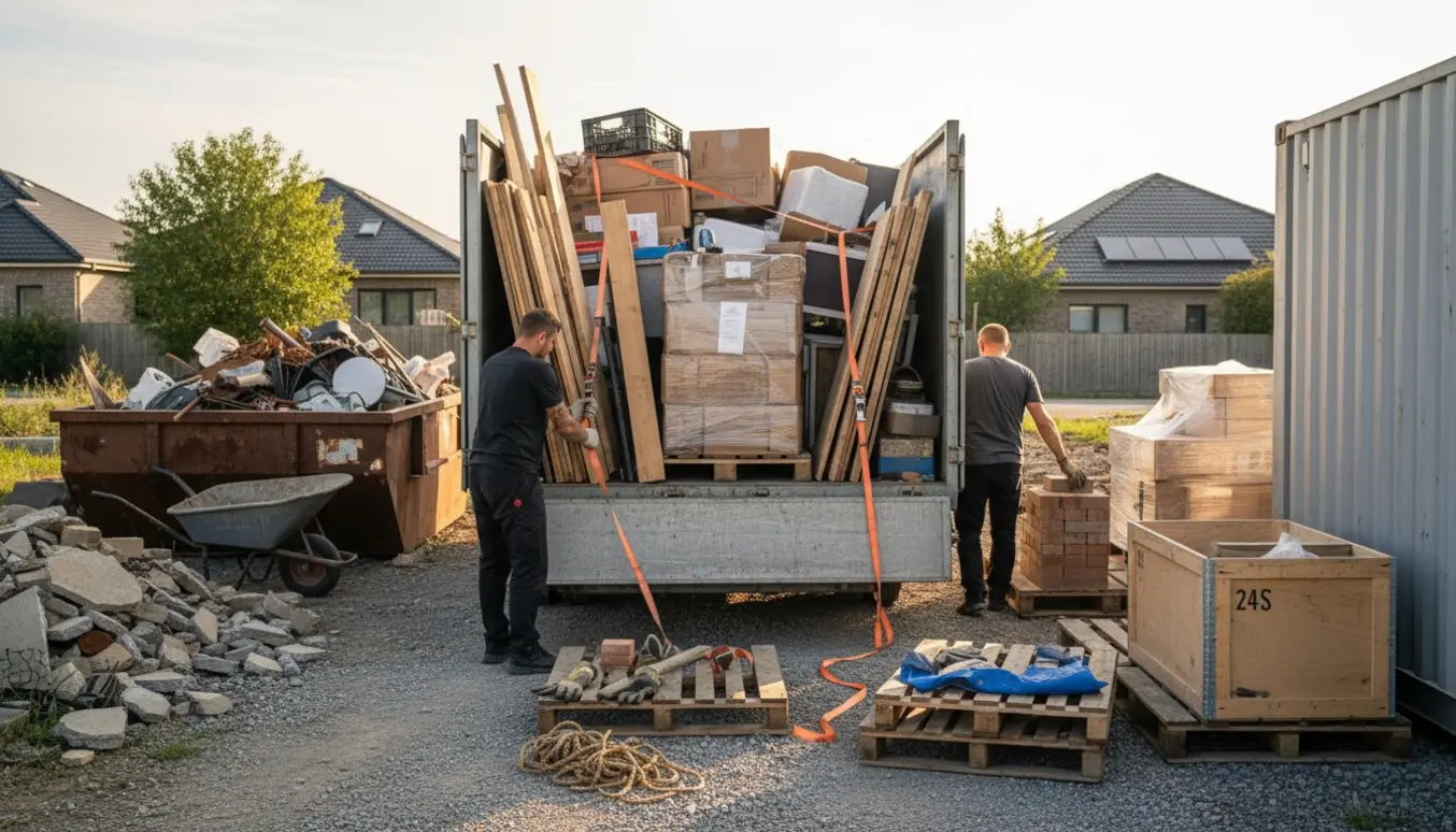 To personer sorterer og læsser byggematerialer på en stor trailer ved oprydning af en grund.