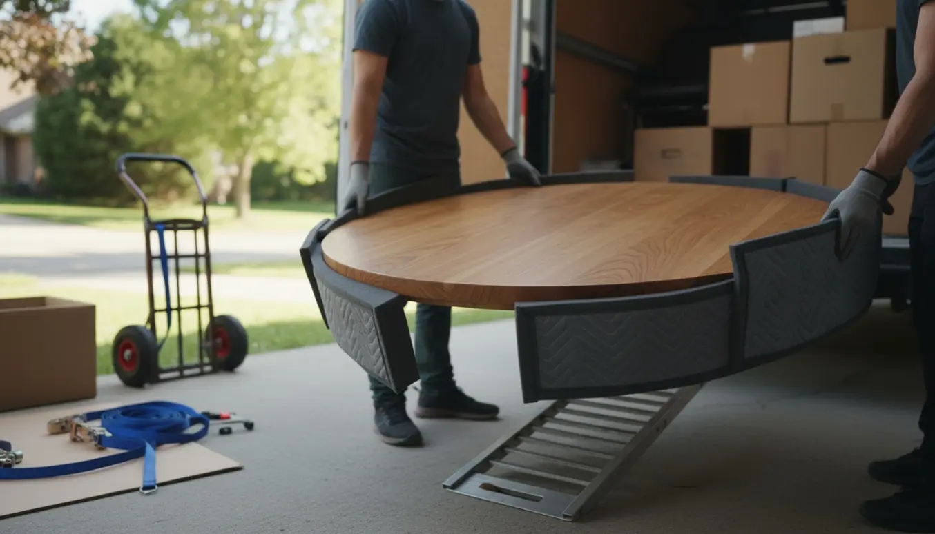 Rundt egetræssofabord på omkring 70 cm læsses forsigtigt i en varevogn, beskyttet af flyttetæpper.