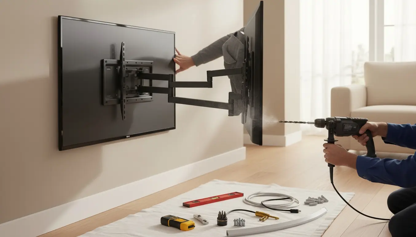 Montering af et 50-tommer TV på et drejbart vægbeslag i en lys stue.