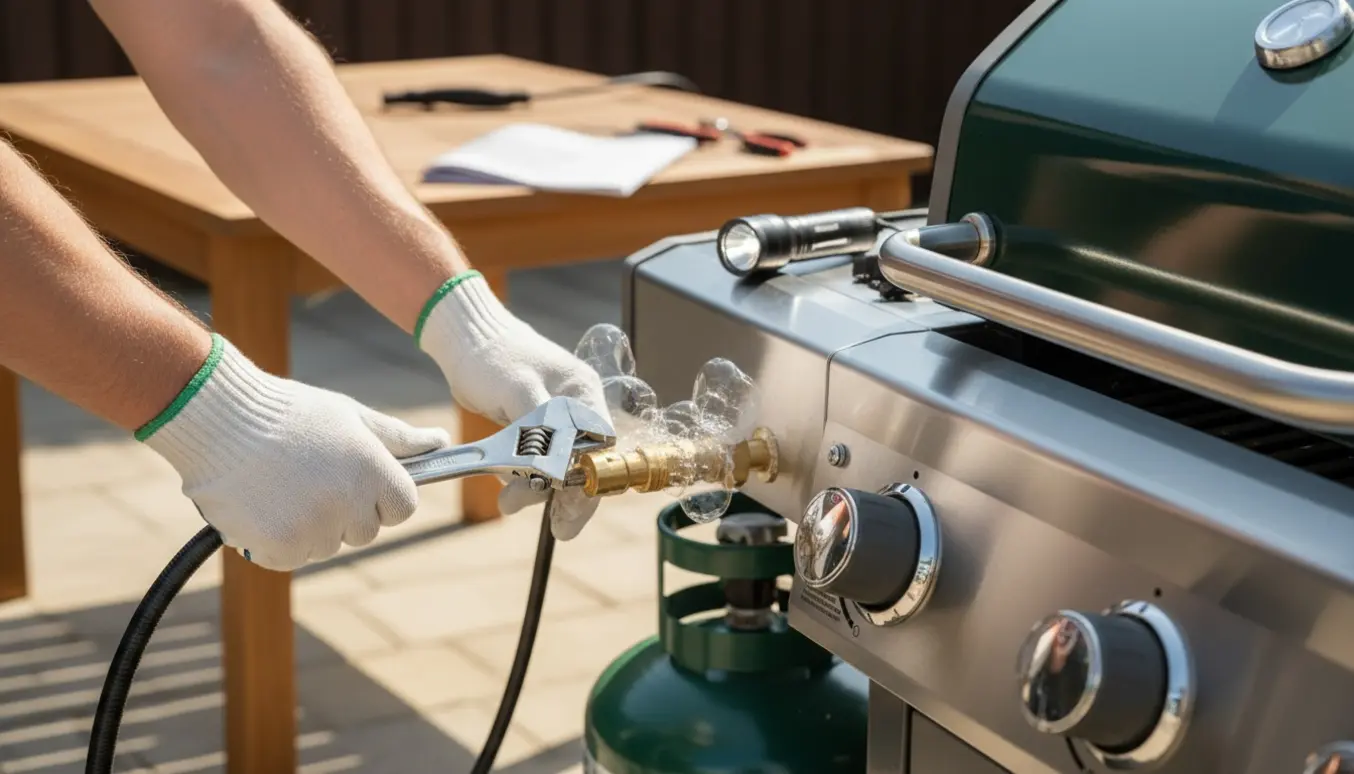 Nærbillede af hænder, der tjekker en gasflaske, ny regulator og slange på en grill med sæbebobler ved forbindelsen.