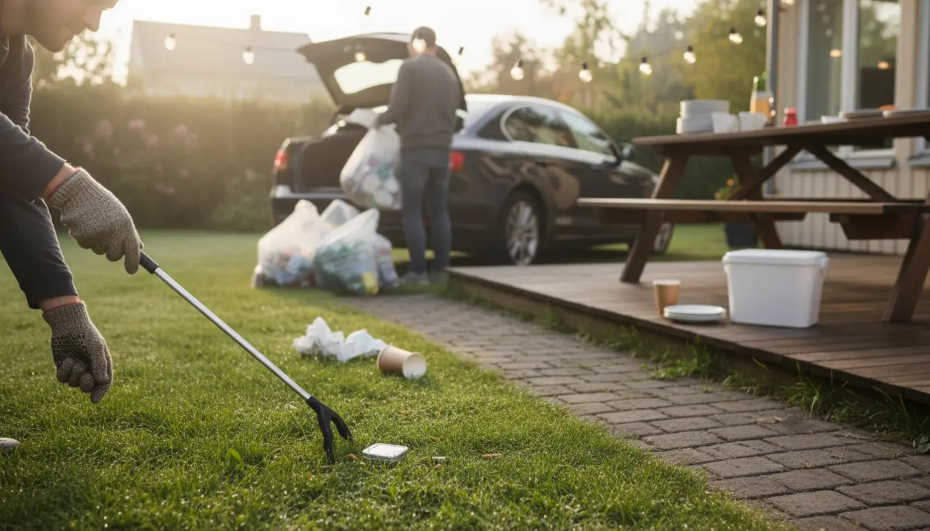 Hænder i handsker samler cigaretskodder og snus op i klare sække i en have efter en fest.