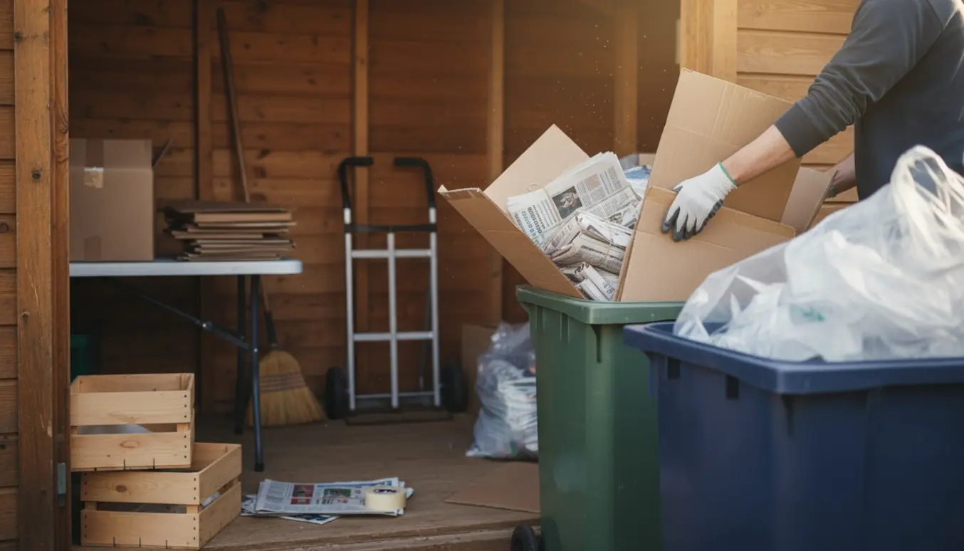 Person tømmer skur for pap, papir og plastik og lægger materialer i genbrugsbeholdere med handsker på.