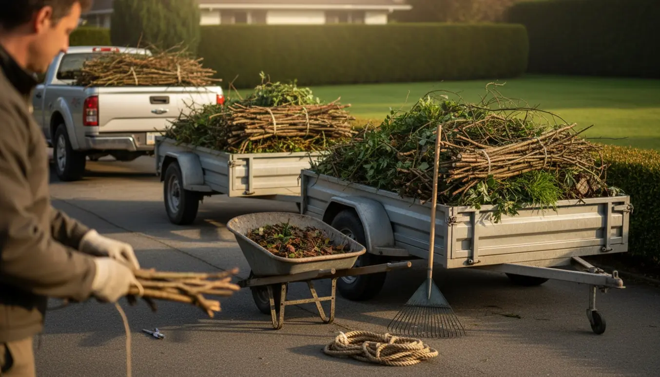 To-tre trailere fyldt med grene og blade ved en indkørsel, mens en person binder haveaffald sammen.