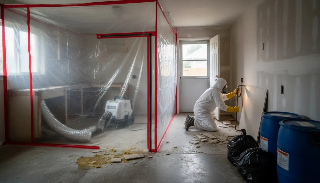 Asbestsanering i tomt køkken og bryggers med plastiksluse, HEPA-enhed og forseglede affaldsposer.