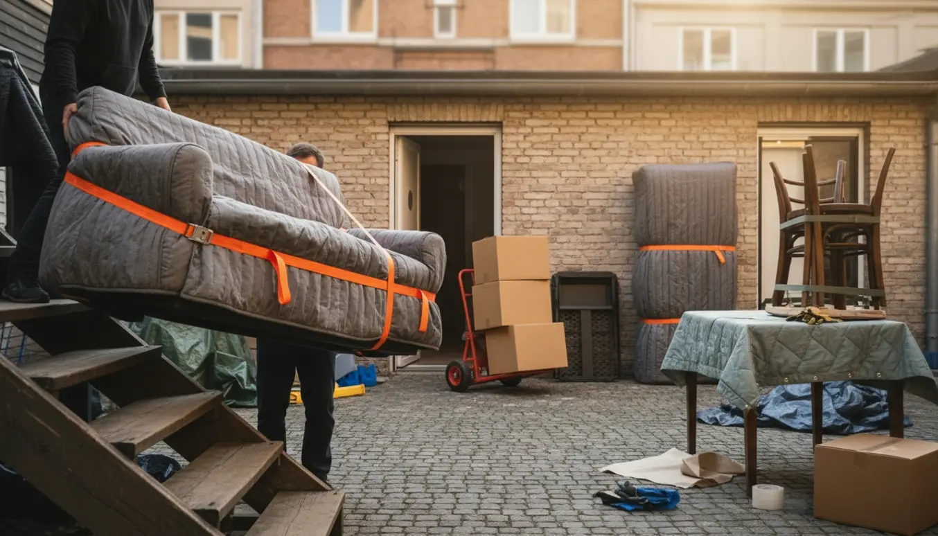 Flyttefolk bærer møbler og stabler flyttekasser gennem en gårdsplads mellem to bygninger.