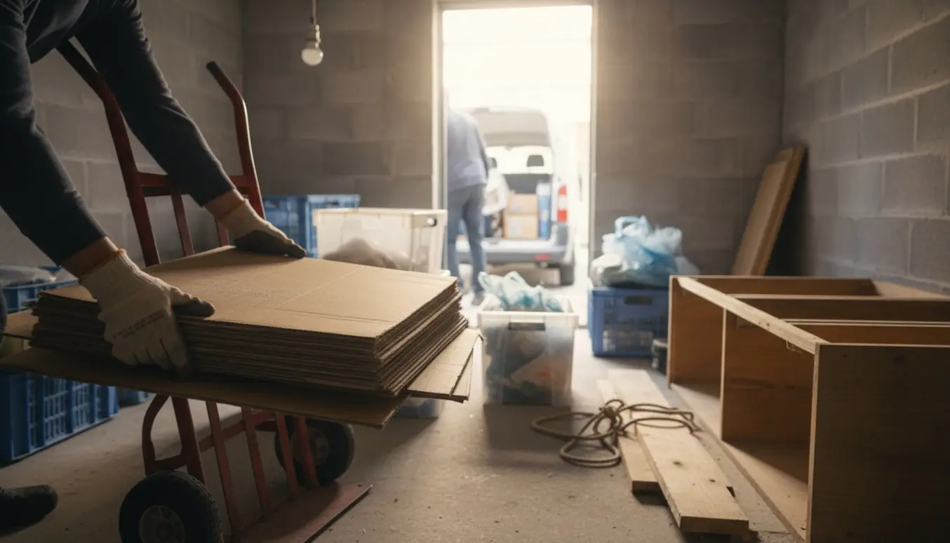 Hænder læsser pap, plastik og træ på en handtruck i et kælderrum klar til genbrug.