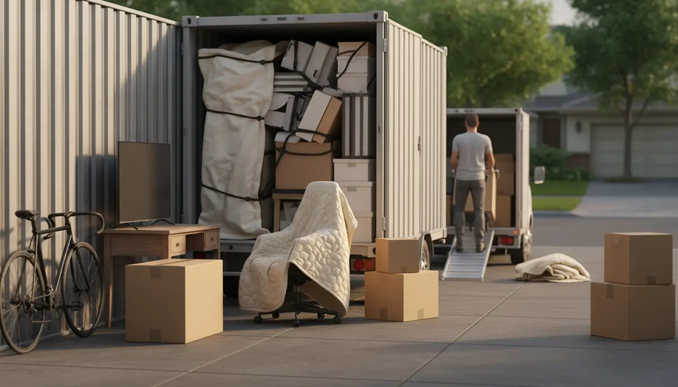 Åben flyttecontainer på indkørsel med skrivebord, stol, cykel, fjernsyn i kasse og flyttekasser klar til transport.