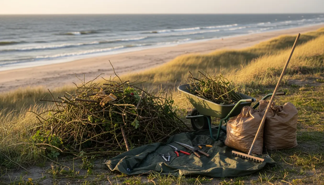 Nyopryddet skråning mod stranden med afskårne hybenrosestængler, trillebør, værktøj og en stor bunke haveaffald.