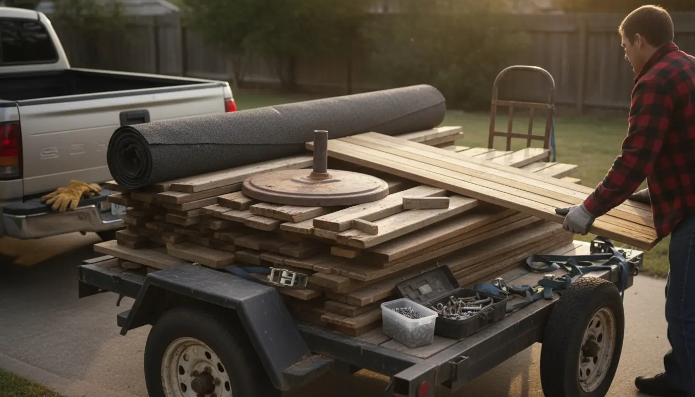 Demonteret træskur læsses med brædder, tagpap og parasolfod på en trailer.