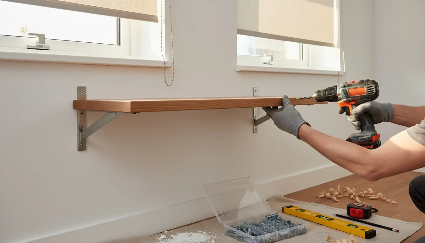 Montør monterer en væghylde og to rullegardiner ved vinduer med bore- og måleværktøj i forgrunden.