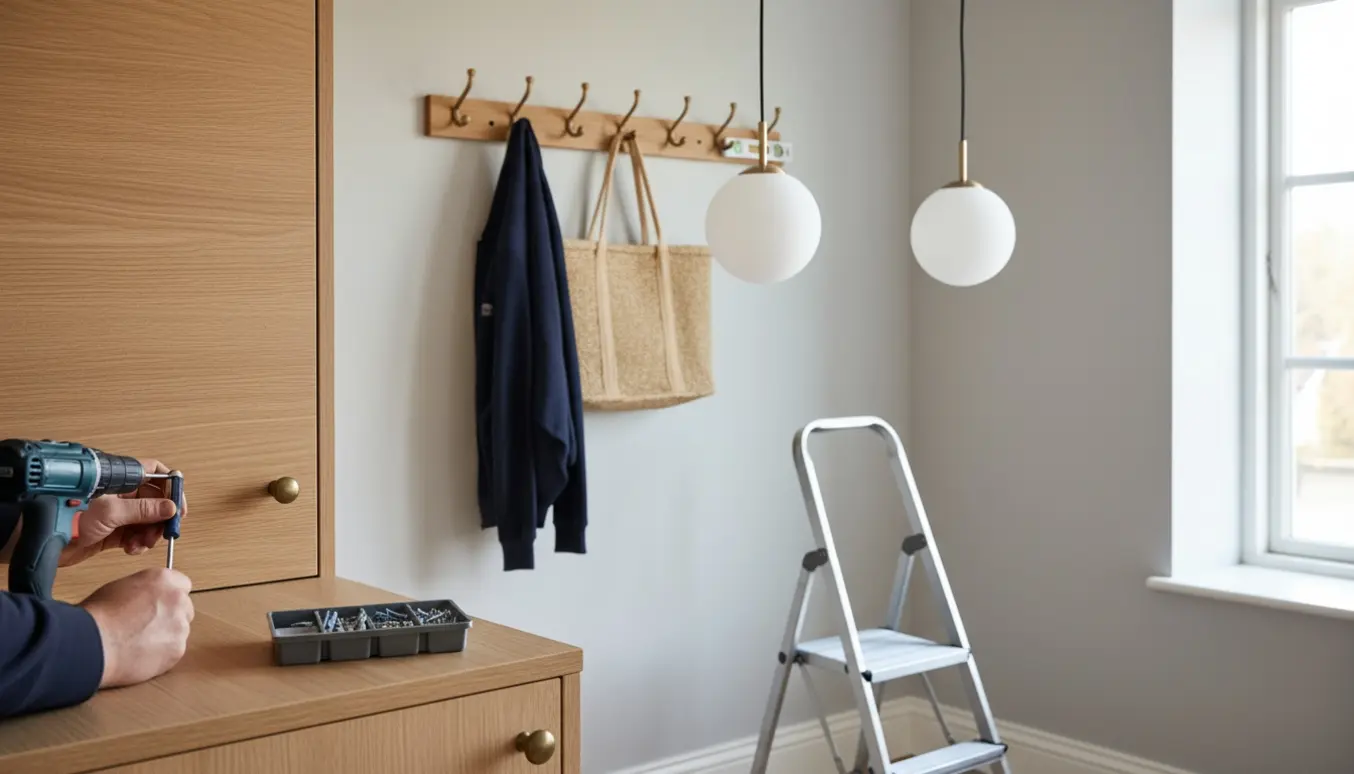 Hænder monterer knagerække, to pendellamper og sætter greb på et Ikea-skab i en lys entré.