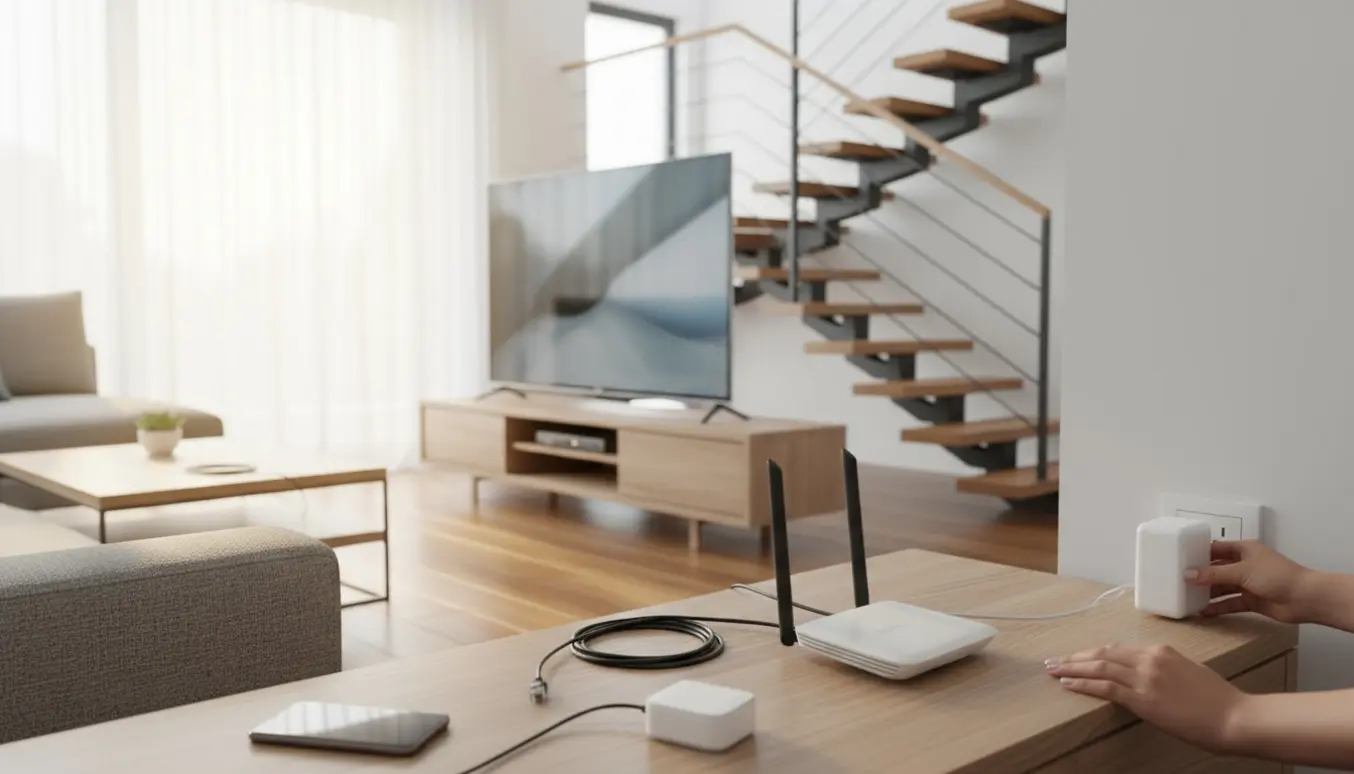 Hænder sætter en Wi‑Fi‑extender i en stue med router og TV og trapper op til førstesalen.
