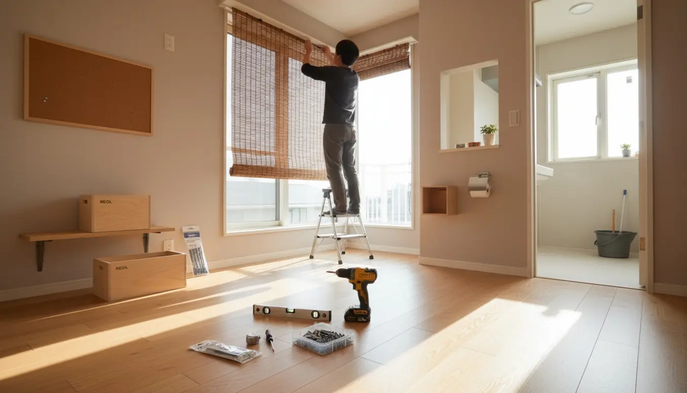 Person set bagfra monterer bambusrullegardin og hylder med boremaskine og reolkasser i et lyst rum.