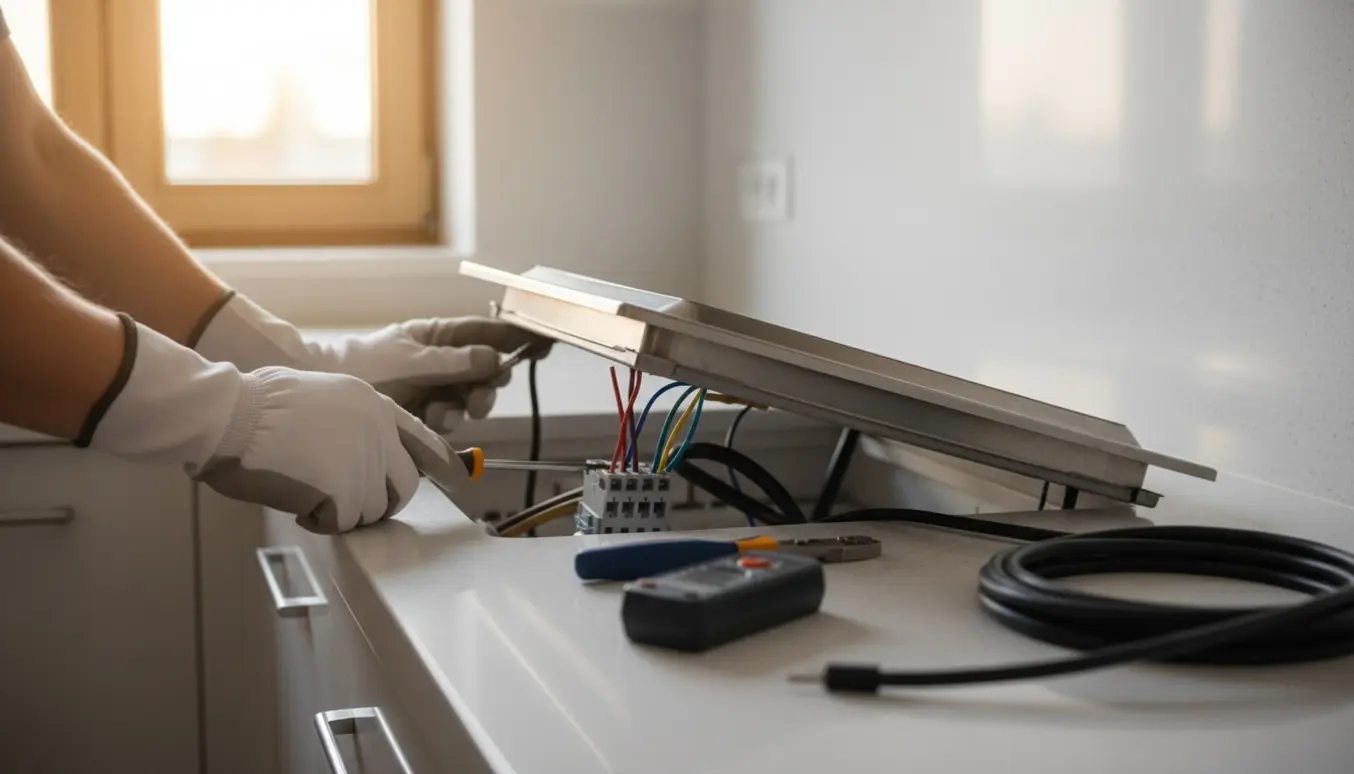 Hænder i isolerede handsker tilslutter ledninger til en ny kogeplade med en åben installationsdåse under bordpladen.